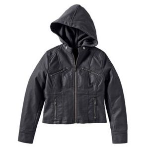 Juniors' Hooded Faux-Leather Moto Jacket size 14